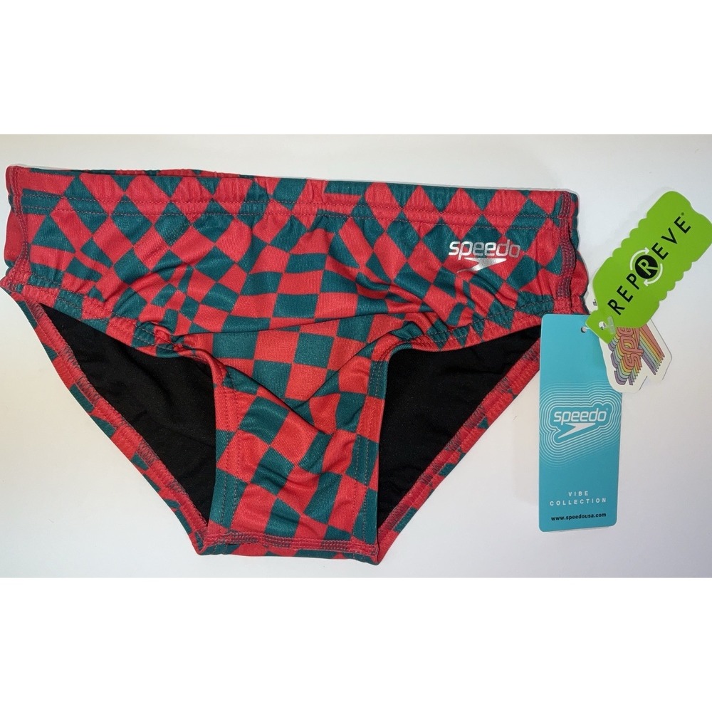 NWT Men's Speedo Vibe Collection Eco Endurance Brief Swim Trunks Red Green 26